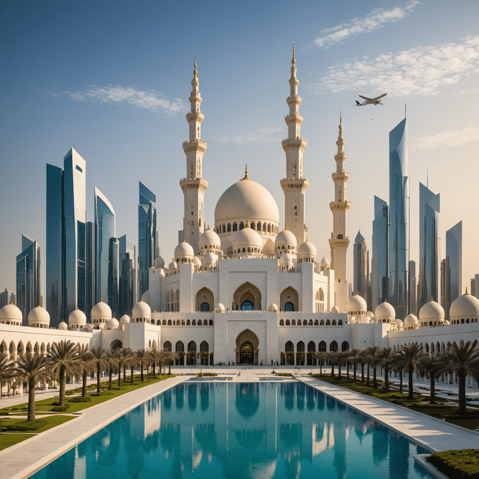 A modern cityscape of Abu Dhabi showcasing iconic landmarks such as Sheikh Zayed Mosque and Etihad Towers, symbolizing the blend of tradition and modernity in government services