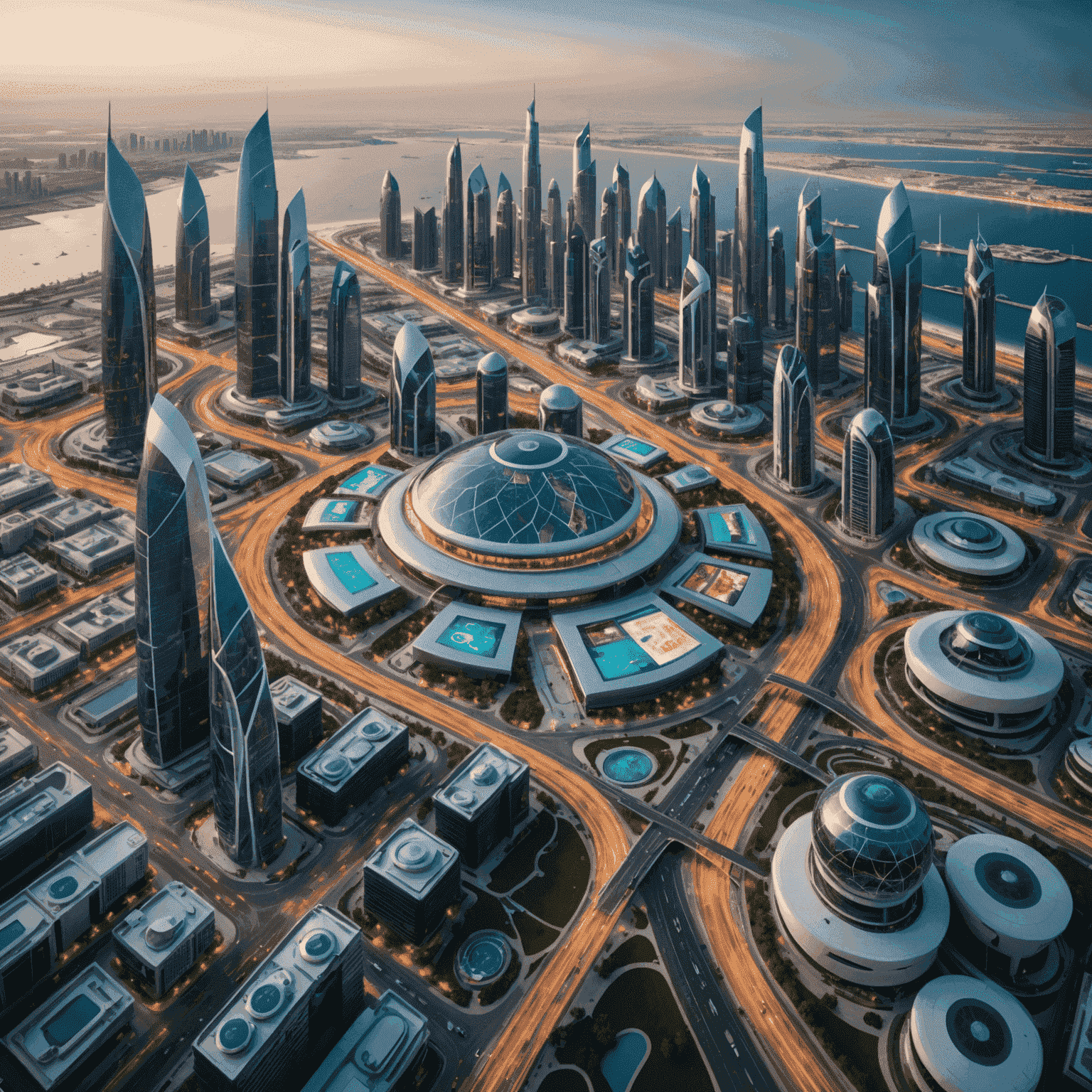 Futuristic cityscape of Abu Dhabi with smart technology integration, showing autonomous vehicles, smart buildings, and digital information displays