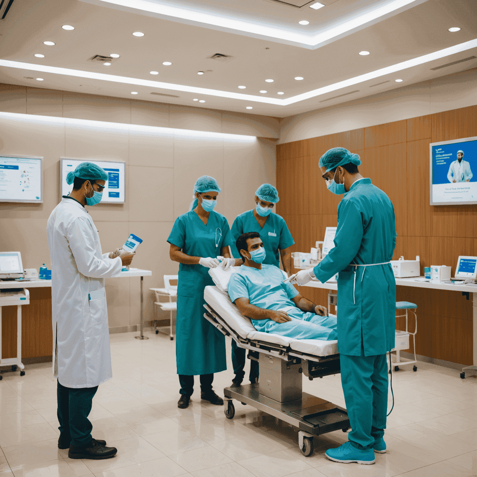 A modern vaccination center in Abu Dhabi with medical staff administering vaccines to residents