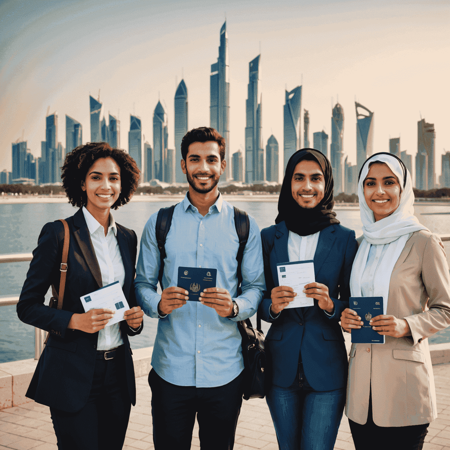 A group of diverse people holding residency visas and passports, with the Abu Dhabi skyline in the background