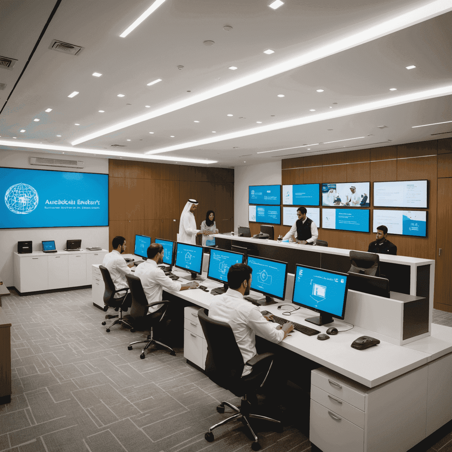 A modern government office in Abu Dhabi with people being assisted at counters. The image showcases a diverse group of individuals, both locals and expatriates, engaging with government officials for residency-related services. The office has a sleek design with digital displays and a welcoming atmosphere, emphasizing the efficiency and user-friendliness of Abu Dhabi's residency services.