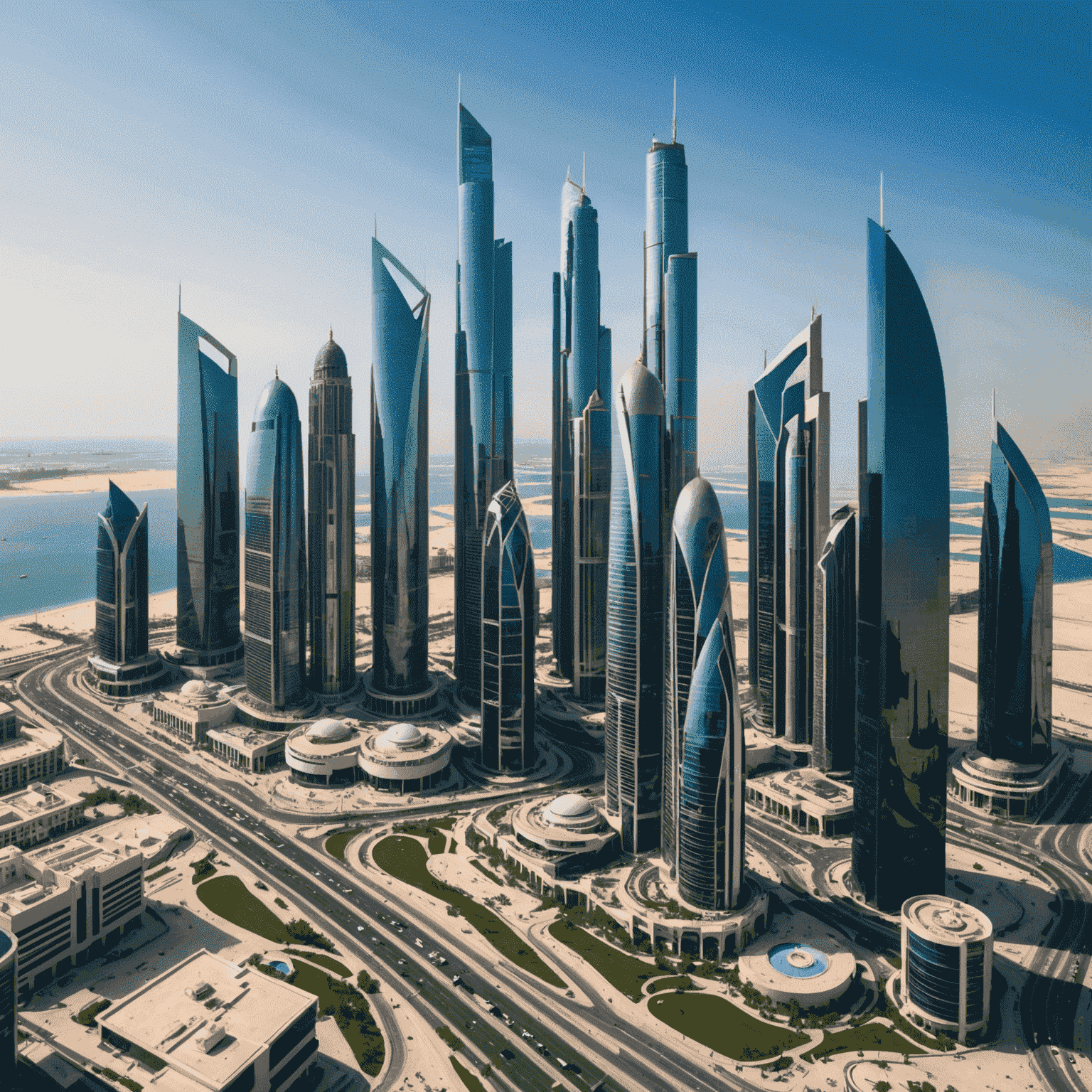 Aerial view of Abu Dhabi's modern business district with skyscrapers and the Corniche