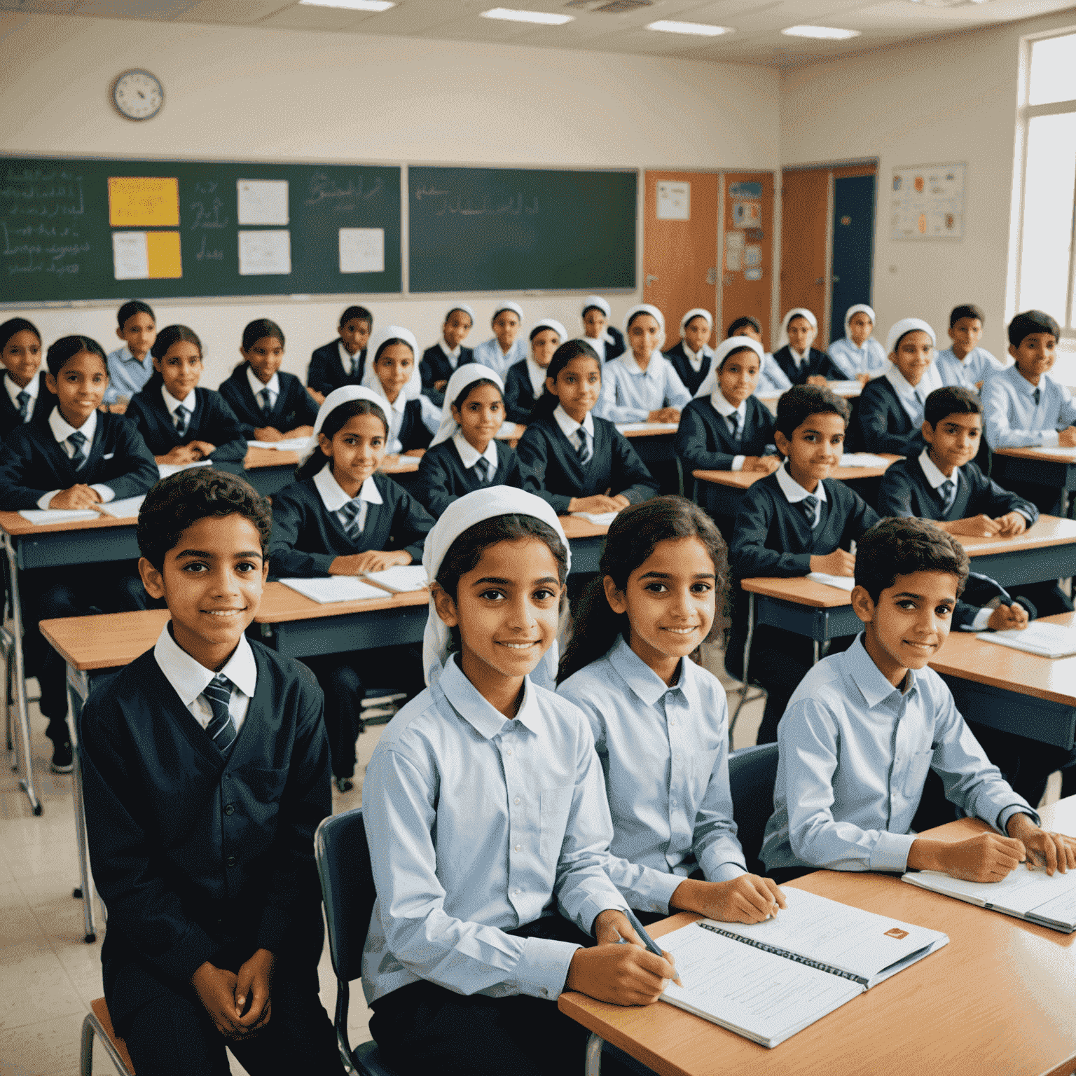 A diverse group of students in a modern classroom, representing Abu Dhabi's public school system