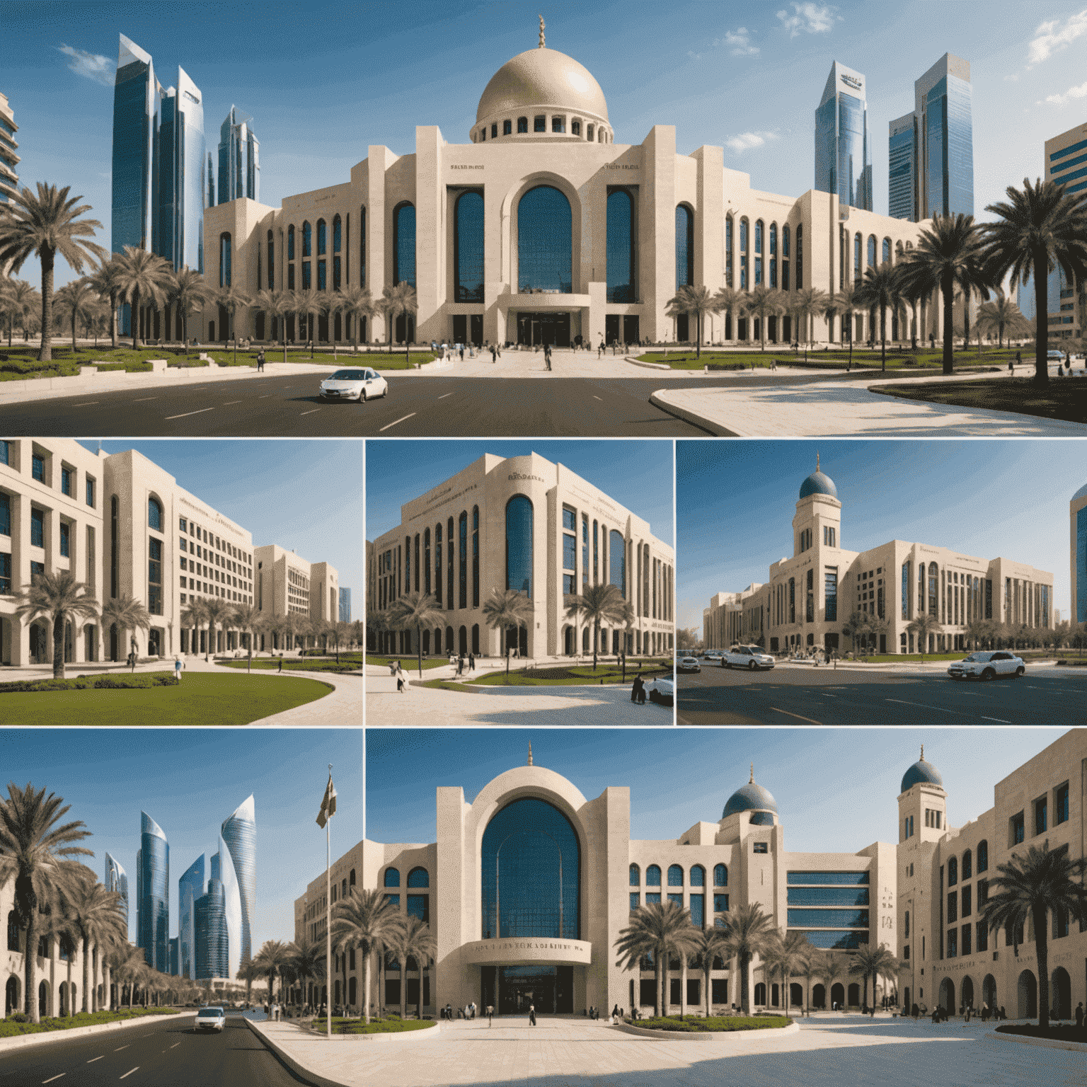 A collage of government buildings, policy documents, and citizens benefiting from new initiatives in Abu Dhabi