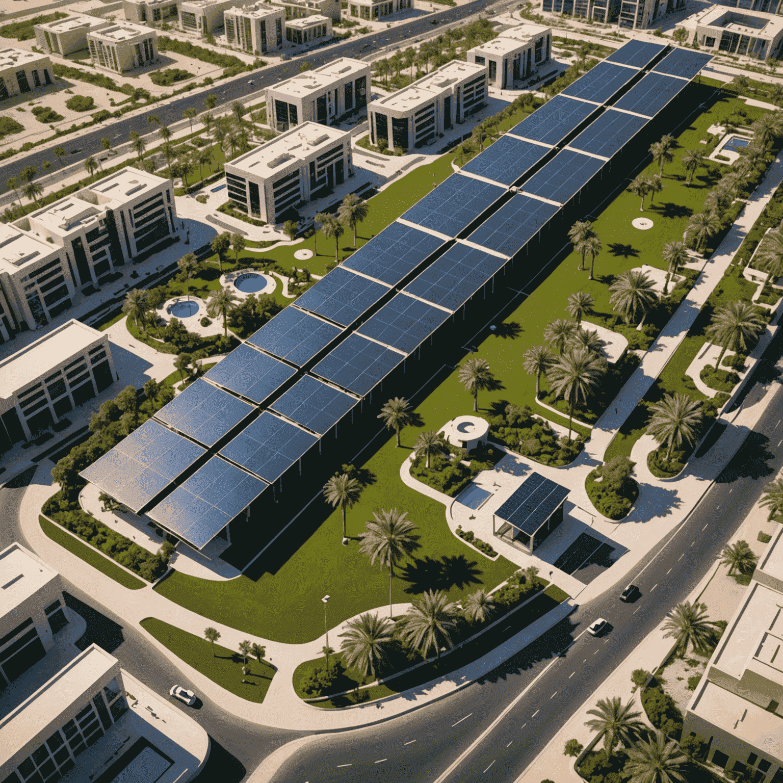 Aerial view of Abu Dhabi showcasing new green spaces, solar panels on buildings, and electric vehicle charging stations