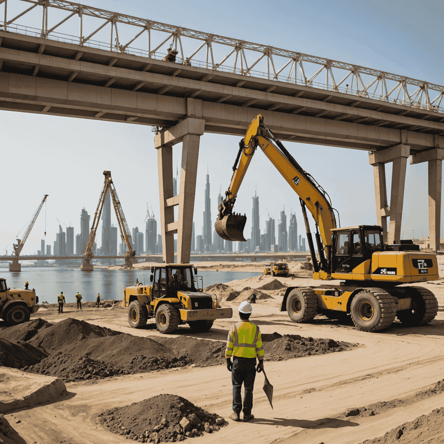 Construction workers and heavy machinery working on the expansion of Sheikh Zayed Bridge, with the iconic bridge structure visible in the background