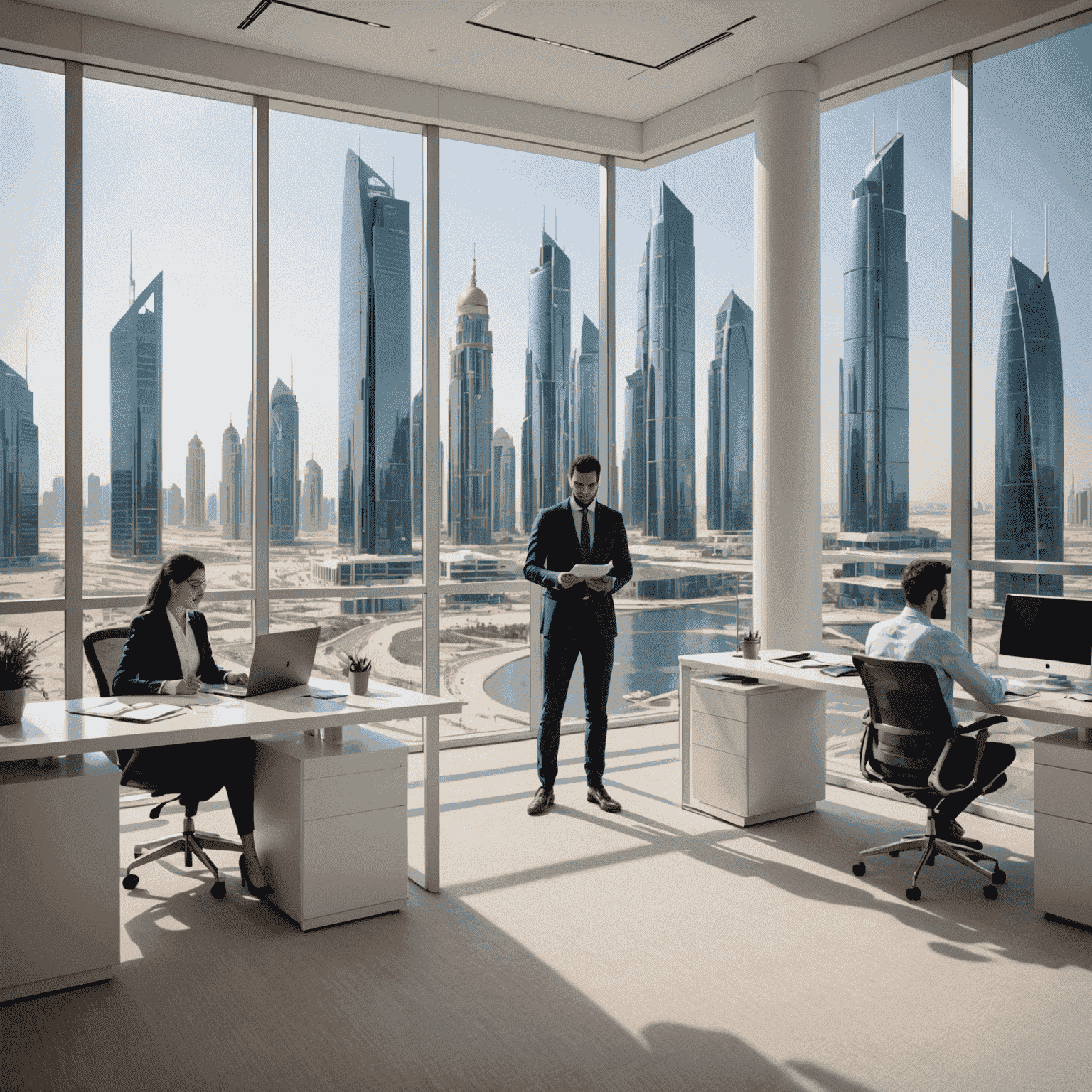 A modern office space with businesspeople reviewing licensing documents, Abu Dhabi business district visible through windows