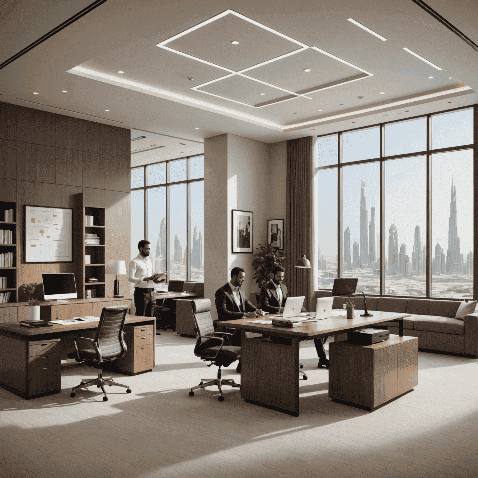 A modern office interior in Abu Dhabi with businesspeople discussing licensing documents