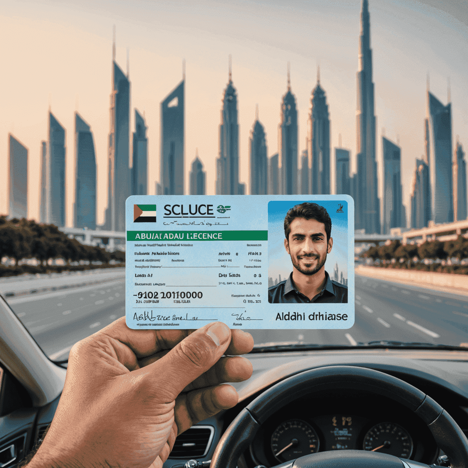 A person holding a UAE driving license with Abu Dhabi skyline in the background