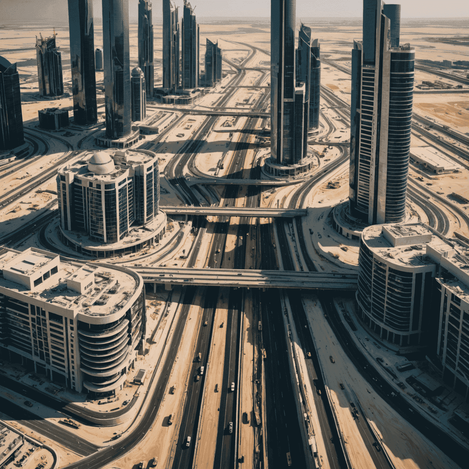 A montage of construction sites, new roads, and modern buildings showcasing Abu Dhabi's infrastructure development