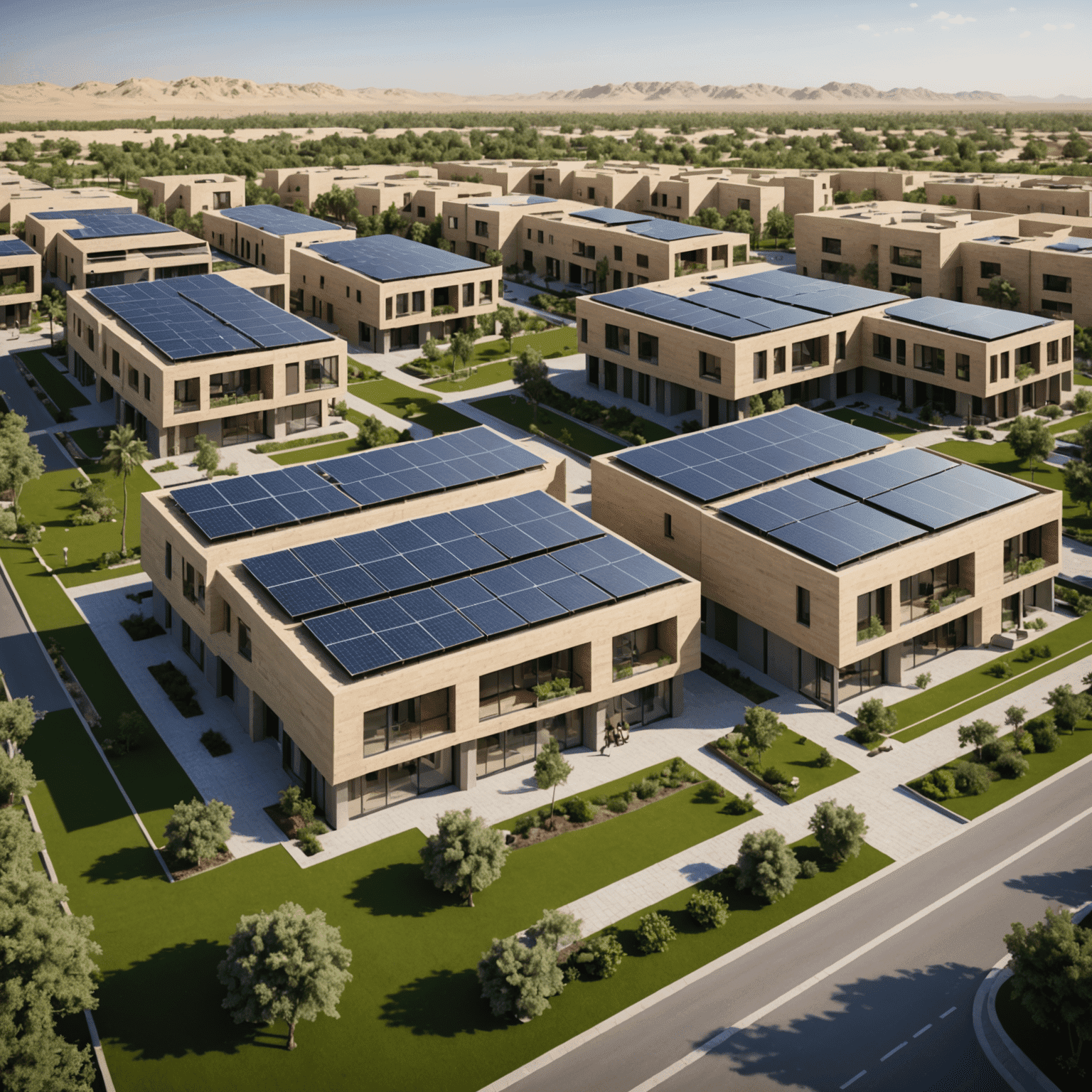 Architectural rendering of a modern, eco-friendly housing complex in Al Ain, featuring solar panels, green spaces, and sustainable design elements