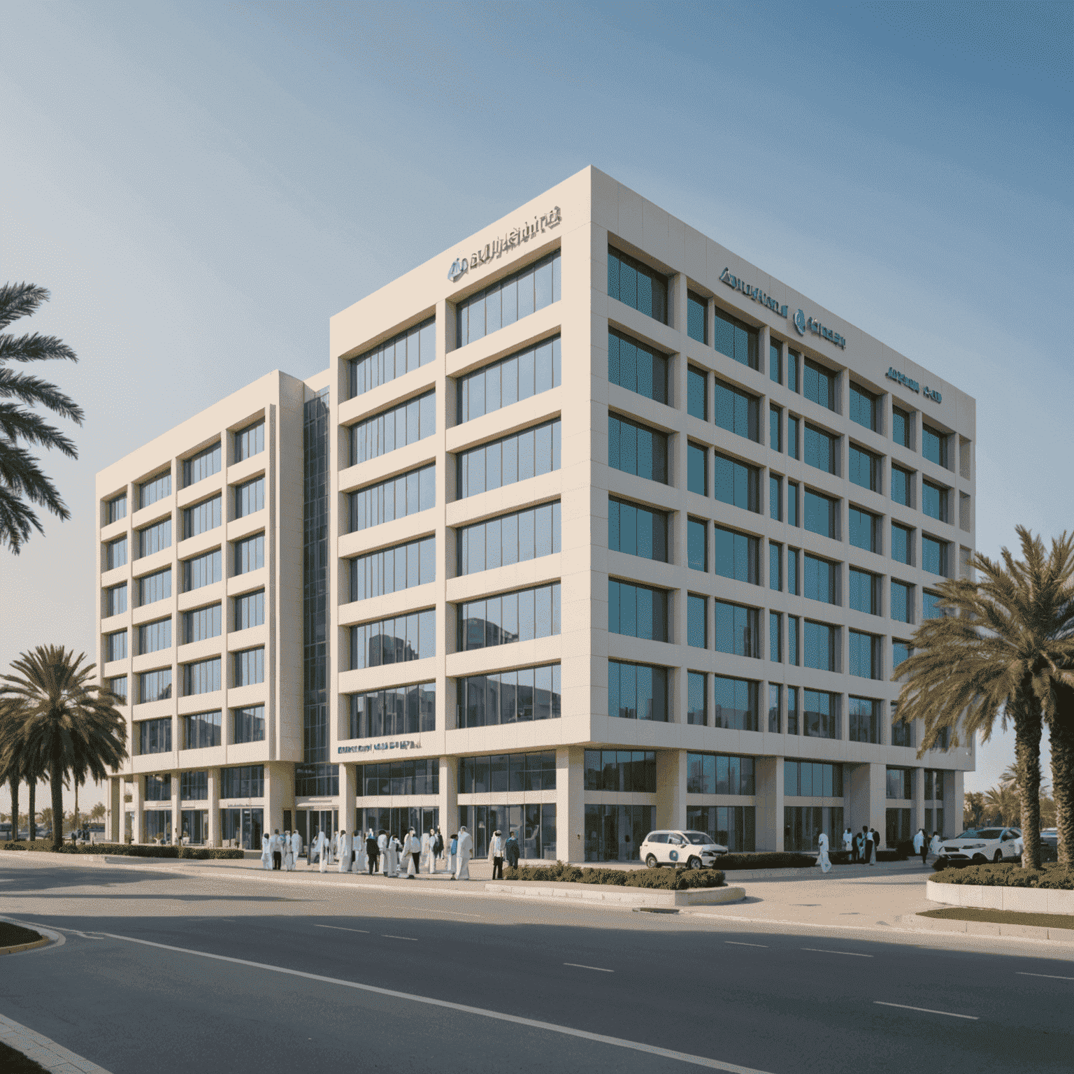 A modern hospital facade in Abu Dhabi with medical staff and patients, showcasing advanced medical equipment