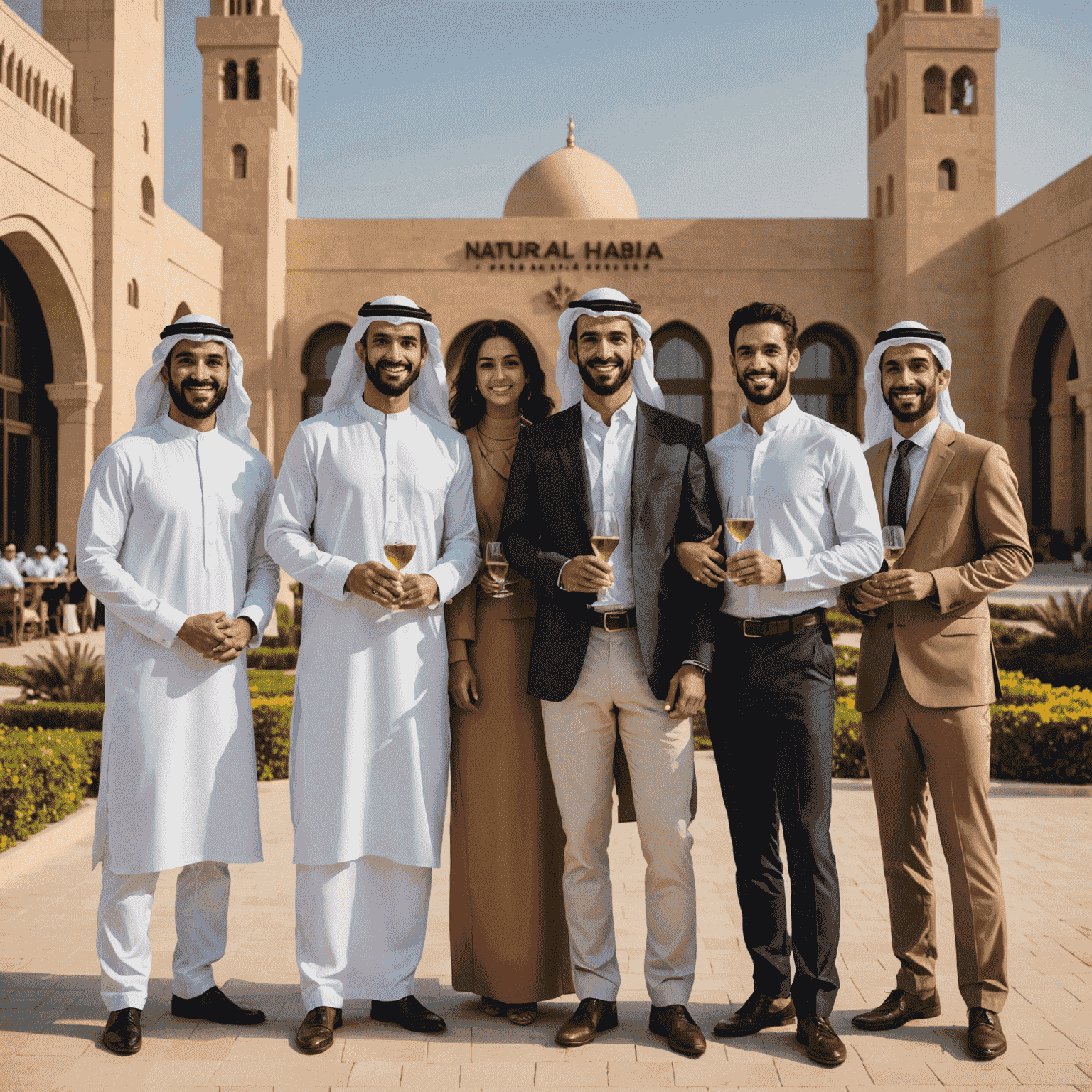 A diverse group of entrepreneurs celebrating the opening of their new business in Abu Dhabi