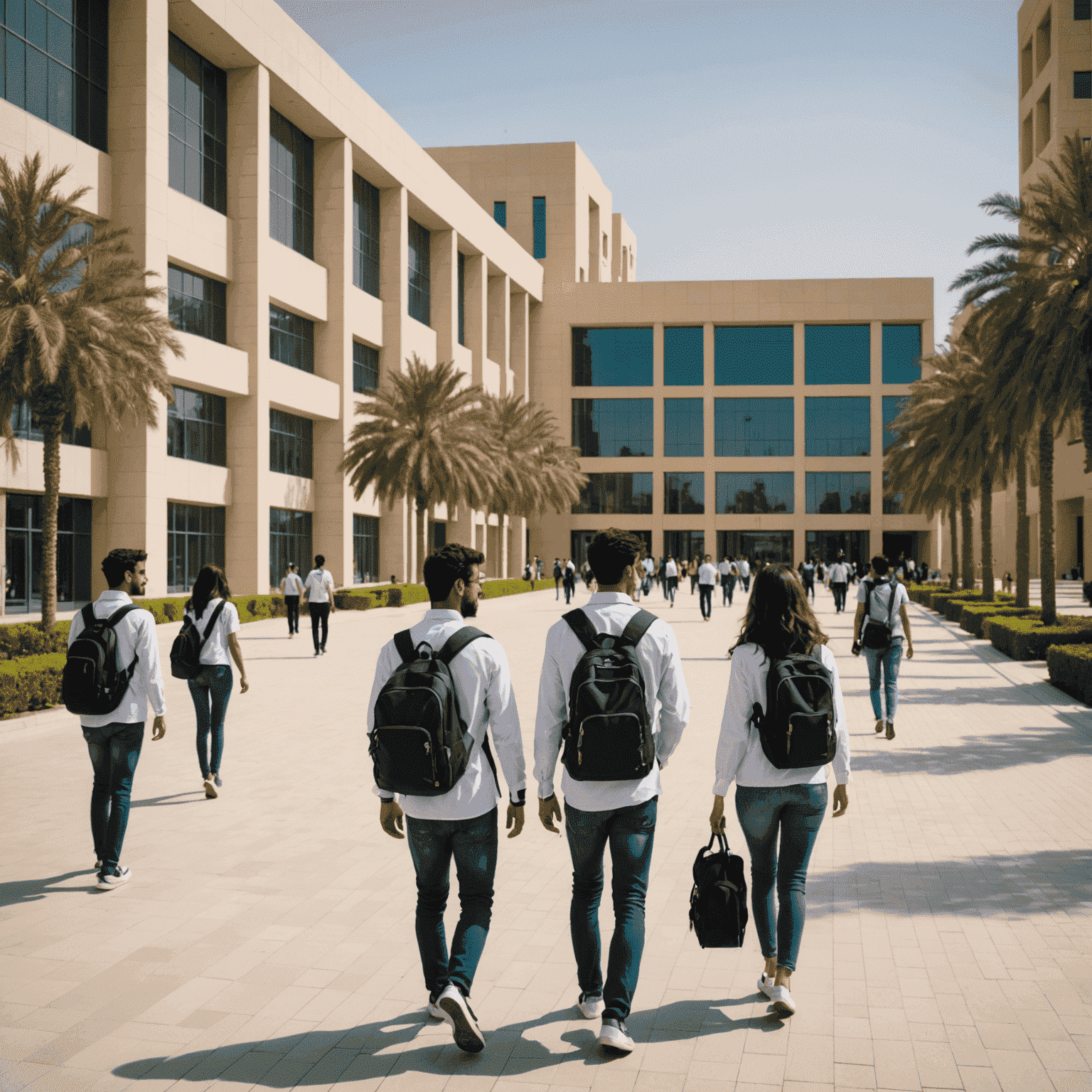 A modern university campus in Abu Dhabi with students walking between buildings