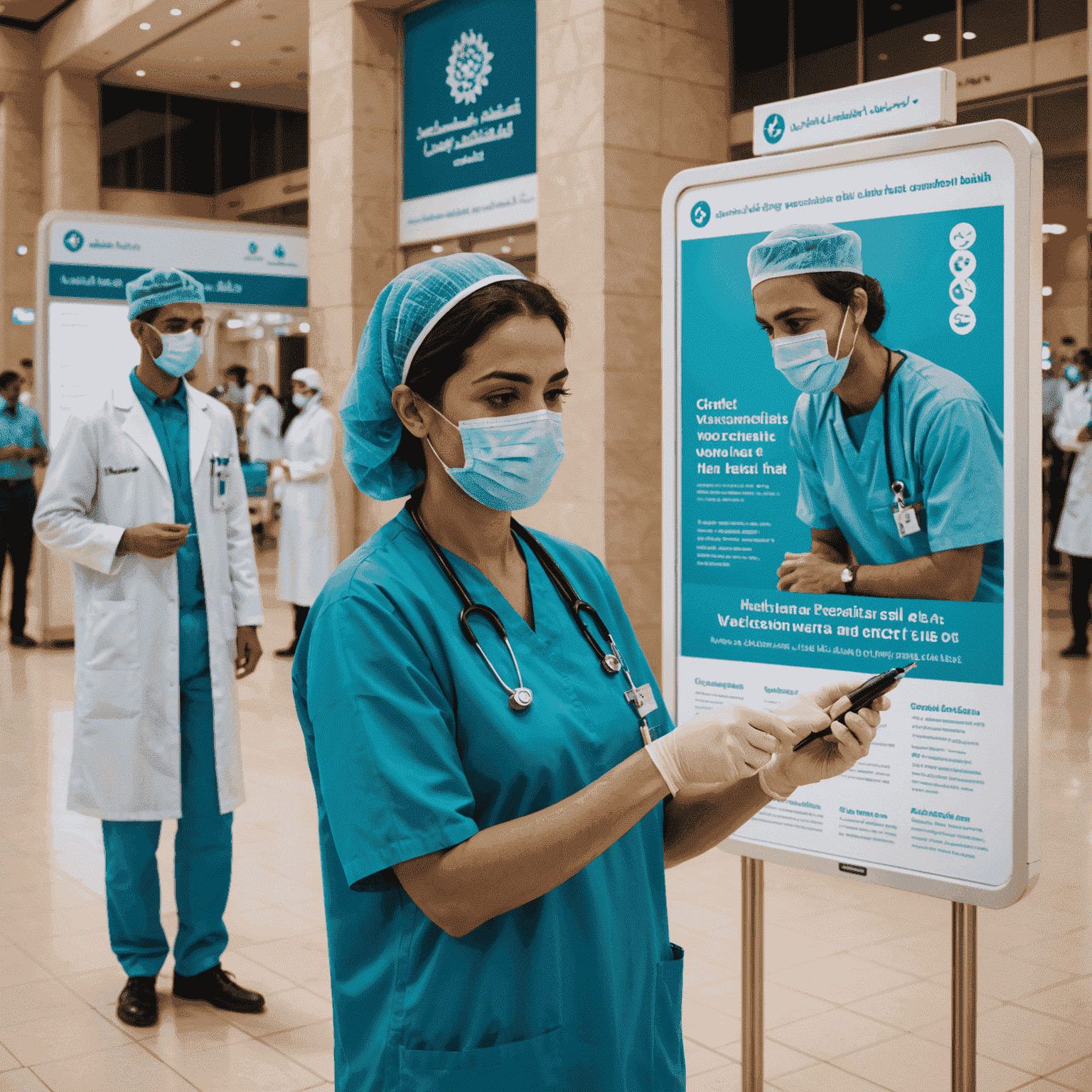 A collection of images showing healthcare professionals, vaccination centers, and public health campaign posters in Abu Dhabi