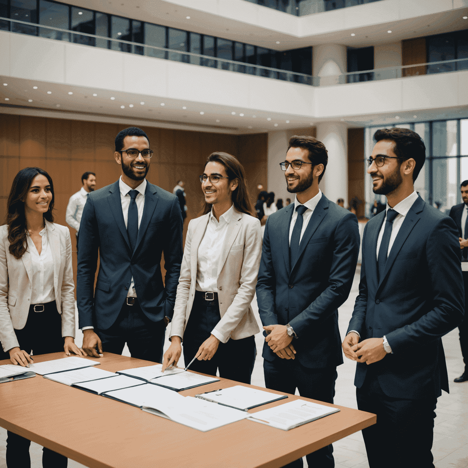 Group of diverse young professionals participating in a leadership workshop in a modern Abu Dhabi conference center