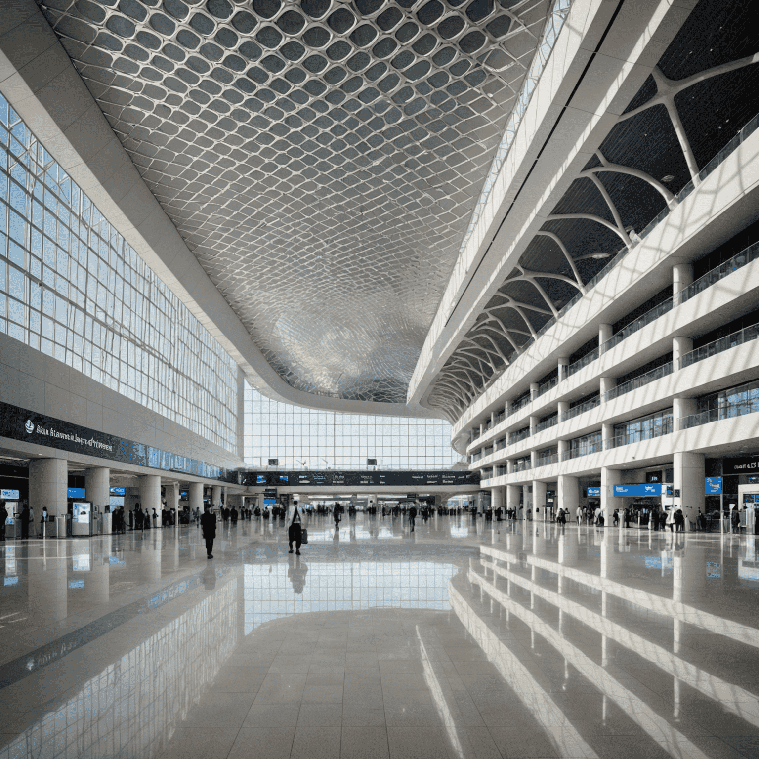 Interior view of the newly modernized Abu Dhabi International Airport terminal, showcasing futuristic design, advanced technology, and spacious passenger areas