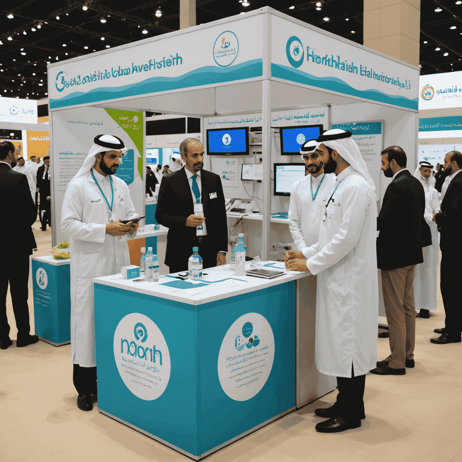 A health awareness event in Abu Dhabi with informational booths and health professionals