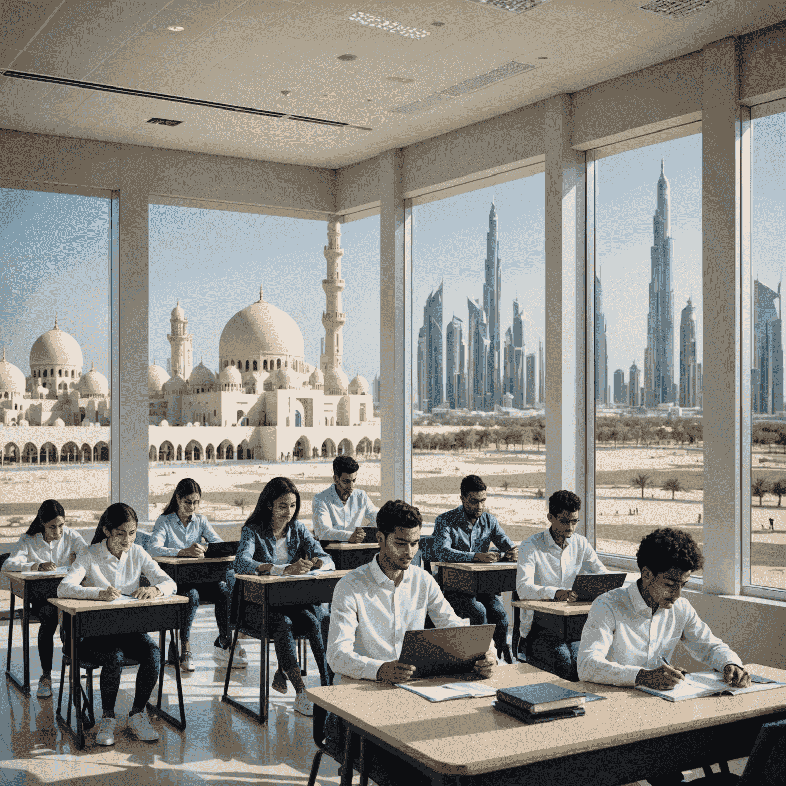 A diverse group of students in a modern classroom setting with advanced technology, iconic Abu Dhabi landmarks visible through windows