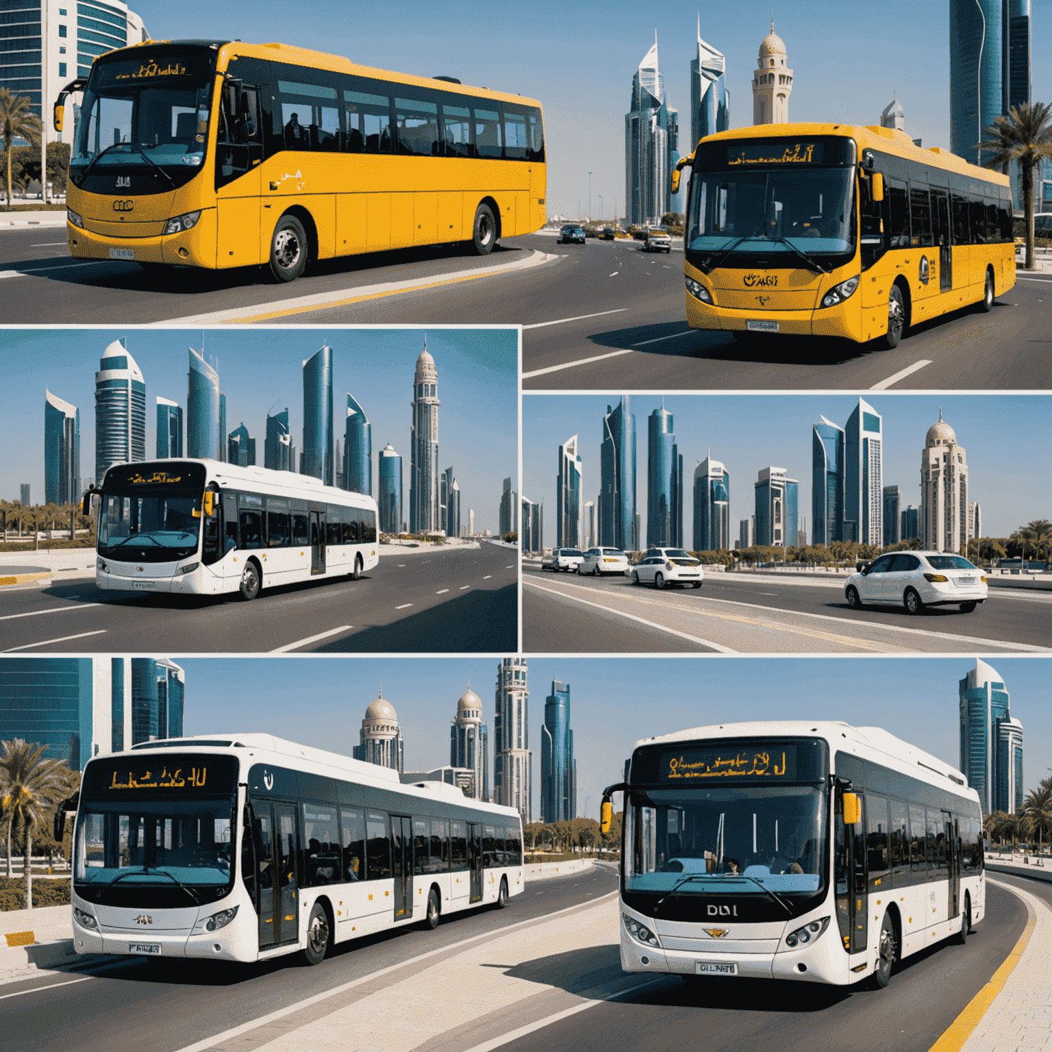 A collage of Abu Dhabi's transportation options including modern buses, metro, taxis, and well-maintained roads with the city skyline